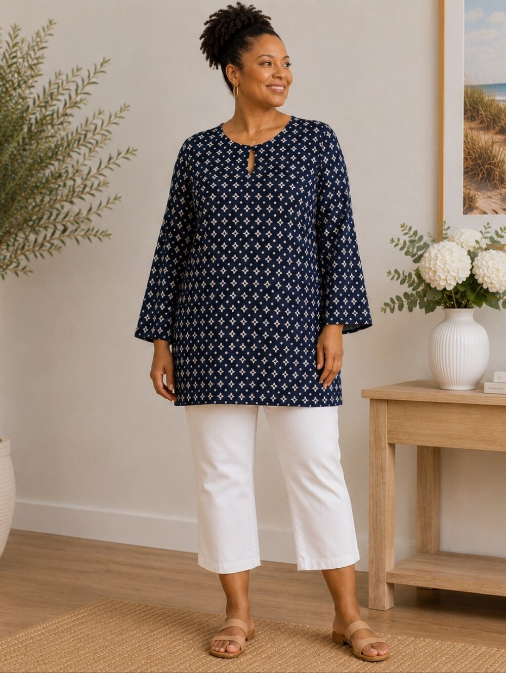 Lauren Ralph Lauren 3X Navy Geometric Print Tunic Top Long Sleeve Plus Size